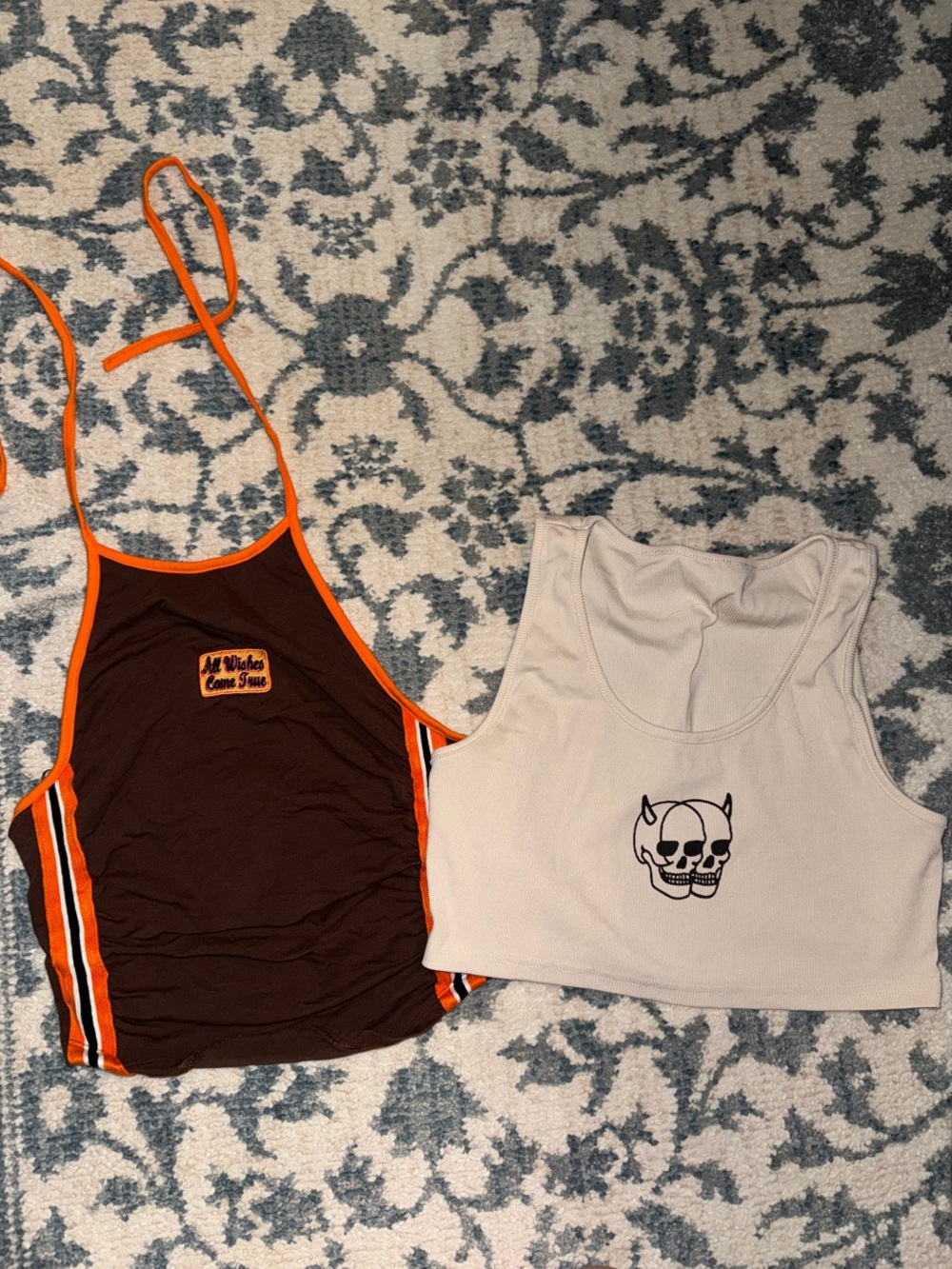 Brown & Orange Halter Crop Top + Cream Skull Tank Duo